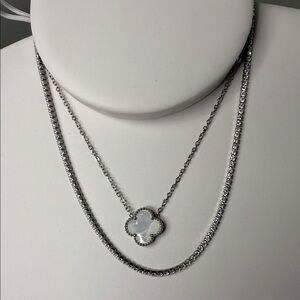 Elegant Silver Tennis Necklace and Clover Pendant Necklace